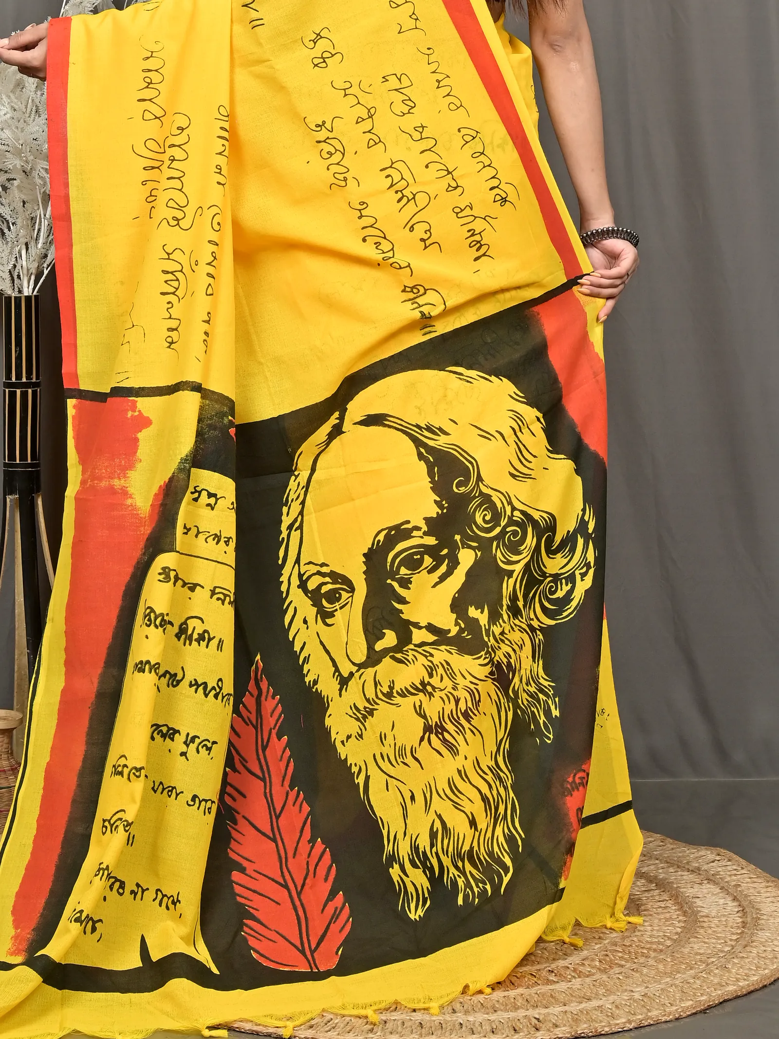 Yellow Pure Cotton Nopa Printed Handloom Saree (2264)